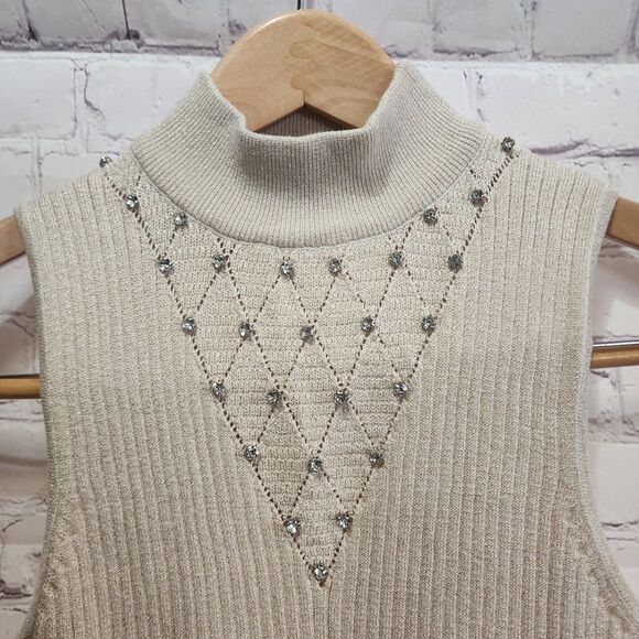 Carmen Marc Tank Top Womens Large Beige Mock Neck Ribbed Knit Rhinestone Chest - Picture 2 of 8